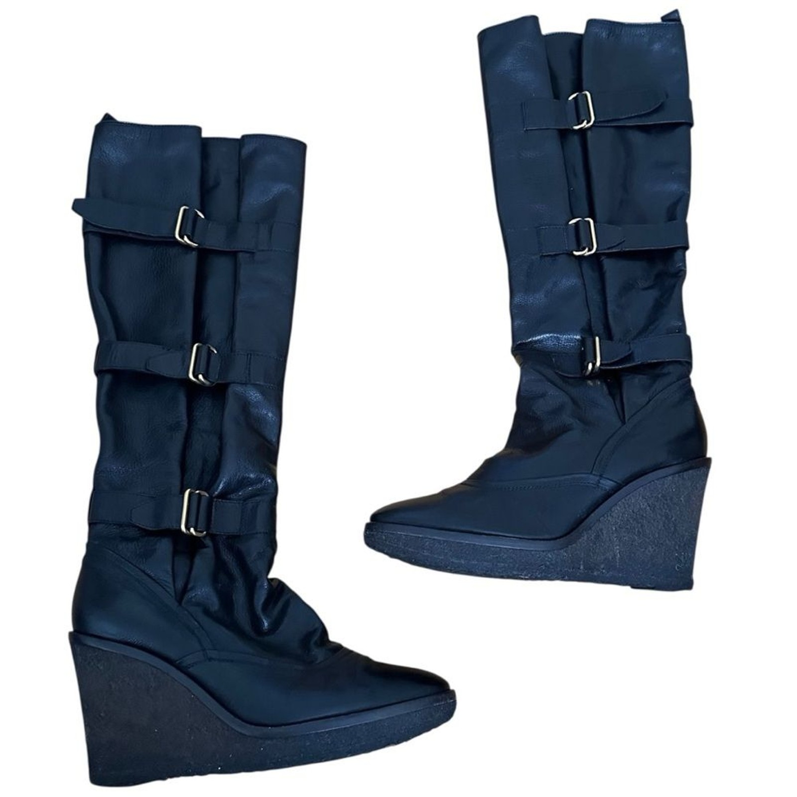 Stivali Saint Laurent YSL vintage alti in pelle con fibbia e zeppa misura 39 9 neri