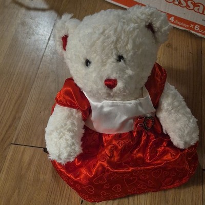 Build-A-Bear Workshop White Plush Teddy Bear Embroidered Hugs Foot Red Dress