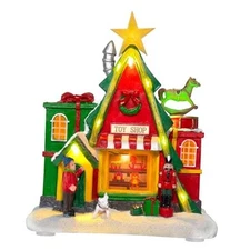 LED Lighted Musical Village House - 7.1" Triangular Gift Shop 7in Green