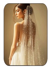 Pearl Wedding Veil 1 Tier Fingertip Length White Tulle - Bridal Accessory