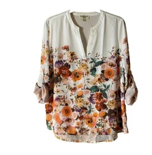 Norm Thompson Blouse Women's Sz PM Floral Tunic Top Boho Romantic White