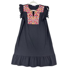 KIRUNDO Embroidered Black Ruffle Sleeve Dress With Pom Pom Trim Size M