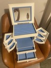 White Wood Jewelry Box w/ Mirror, Lined Blue Velvet Interior, 11 in, 25+ Pieces — photo 4