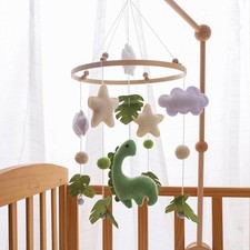 Baby Crib Mobile with Felt Dinosaur, Clouds and Leaves, Wooden Nursery Mobile fo