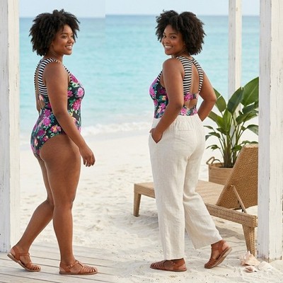 Torrid Size 4 Tropical Rose Striped Mesh Keyhole One Piece Swimwear Pinup Retro