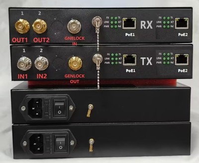 2X 12G/6G/3G/HD/SD SDI Fiber With 2X PoE+ and 1X Opposite GENLOCK, ST, 20KM