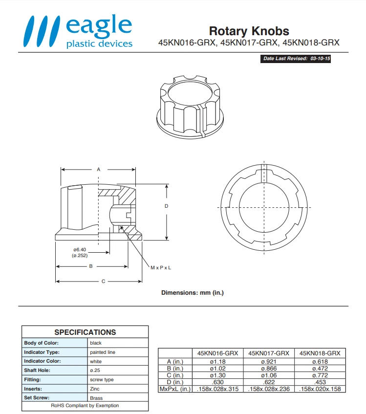 Perilla de control estriada 5/8 con incrustación de metal eje de 1/4" - Eagle 45KN018-GRX - LOTES DE 5 Foto 3 de 4