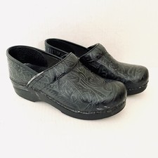 Dansko Professional Tooled Leather Clogs Size 38 Floral Black Nursing Comfort