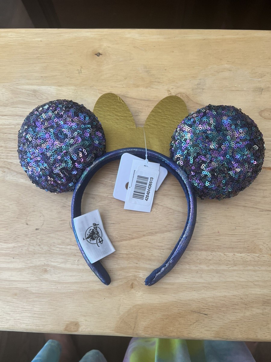 Authentic Disney 50 Year Celebration Sequin Minnie Ears with Blue Bow - NWT Walt Disneyland World 50th Anniversary Gold Sequin Blue Bow  main image 4