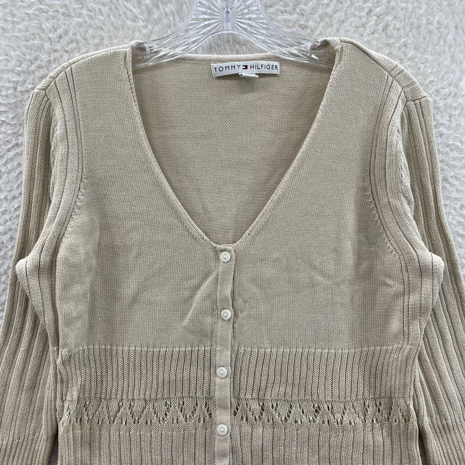 Y2K Vintage Tommy Hilfiger Cardigan Sweater XL Beige Knit Boho Fairy Grunge - Image 3 of 4