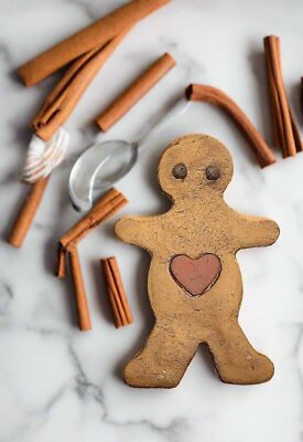 Primitive Christmas Handcrafted 6  Gingerbread Boy w/ Heart Rusty Bells Bowl Fil