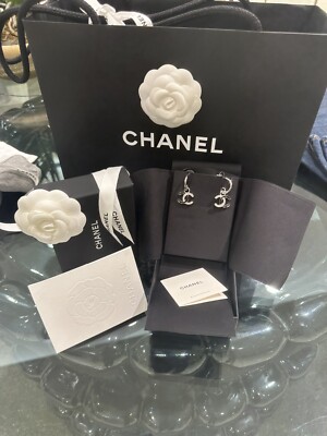 Authentic CHANEL 2025 crystal two tone CC charm hoop earrings | eBay