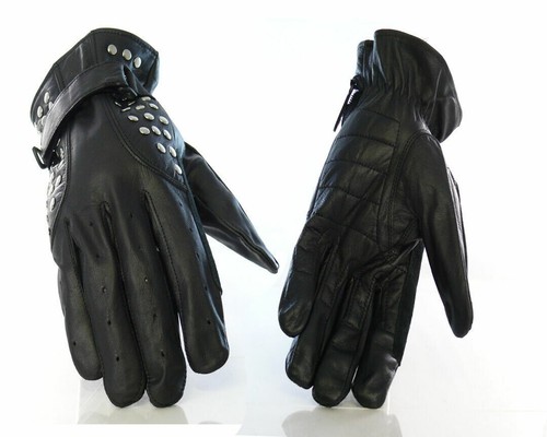 Herren Damen Leder Nieten Motorrad Biker Vollfinger Fahren Handschuhe Größe XL