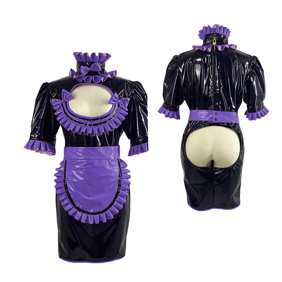 Vestido de criada exótico bloqueable pecho abierto sin entrepierna cosplay maricón exposición trasero Foto 2 de 4