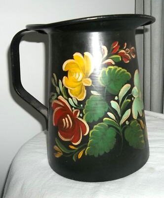 Folk Art Hand Painted Tole Art LARGE Pitcher 9'' Tall