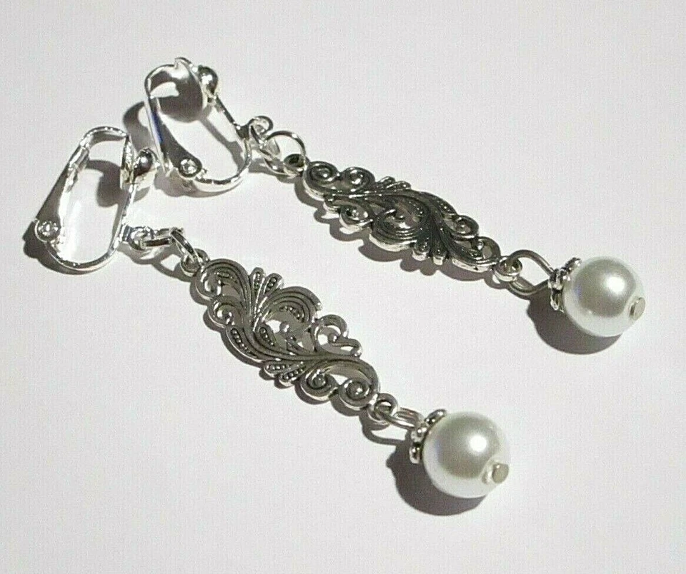 Ohrclips Clips verschnörkelt Ornament Kunstperle silberf weiß - Bild 4 von 4