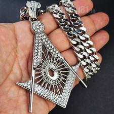 Silver Plated Cubic Zirconia large MASONIC FREEMASON  10mm Cuban Chain Necklace