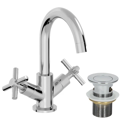 Bathroom Mono Basin Sink Mixer Tap Waste Modern Cross Head Handle Curved Spout