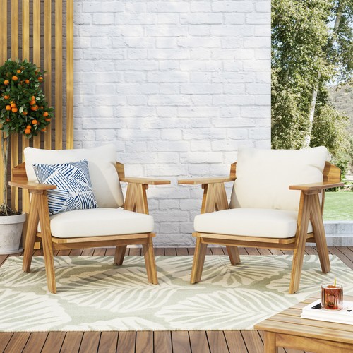 Outdoor Acacia Wood Club Chairs with Cushions (Set of 2), Teak Finish+ Beige, 30