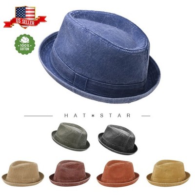 Light Weight Washed Cotton Fedora hat Porkpie Summer Trilby Cuban Beach Sun Cap