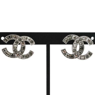 F17V CHANEL Rhinestone Coco Mark Earrings Silver Color Women's Authentic