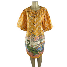 A Loves A Dress Size L Yellow Marigold Bird Alligator Puff Sleeve Mini Pockets