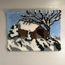 Large Vintage Latch Hook Wall Hanging 27x20 Winter Cabin Bridge Lodge D cor