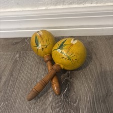 Vintage Authentic Wooden Hand Painted Signed Maracas Mexico 6.5  