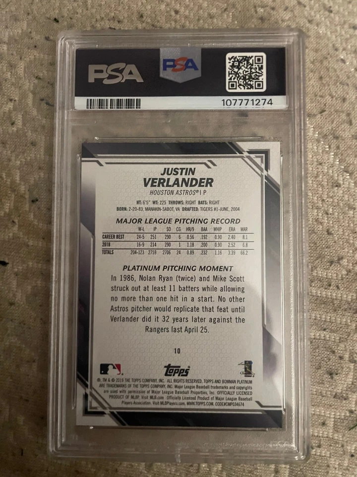 Bowman Platinum Justin Verlander 2019 #10 PSA gema como nuevo 10 Foto 2 de 2