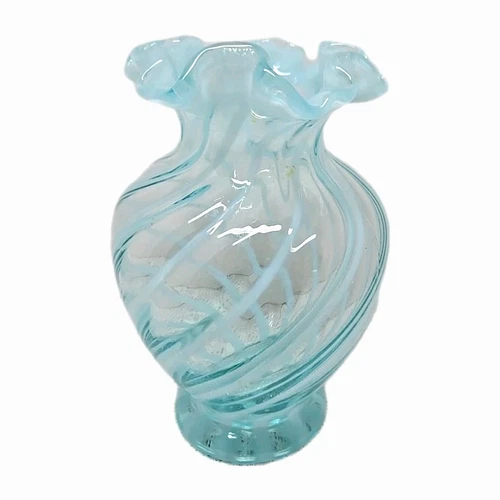 Vintage Fenton Teal Blue Ruffled Vase Spiral Swirl Optic Cameo Opalescent 6.5 in