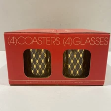 NOS 4 Georges Briard Double Old Fashioned Glasses Gold Lattice Diamond &Coasters