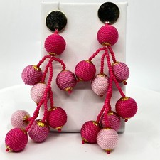 VTG Y2K Retro Pink Ombre Thread Wrapped Bead Dangle Earrings Gold Tone Statement