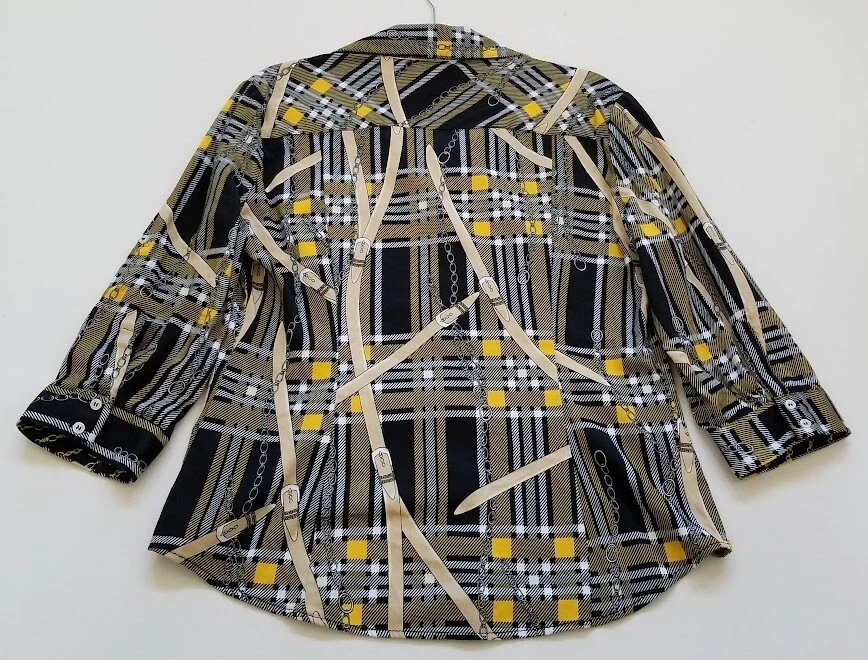 Camisa abotonada New York & Company para mujer grande L a cuadros cinturones cadenas manga 3/4 Foto 3 de 4