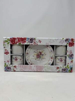 Grace Teaware Porcelain Espresso Set Of 4 Cups & Saucers Spring Floral Garden