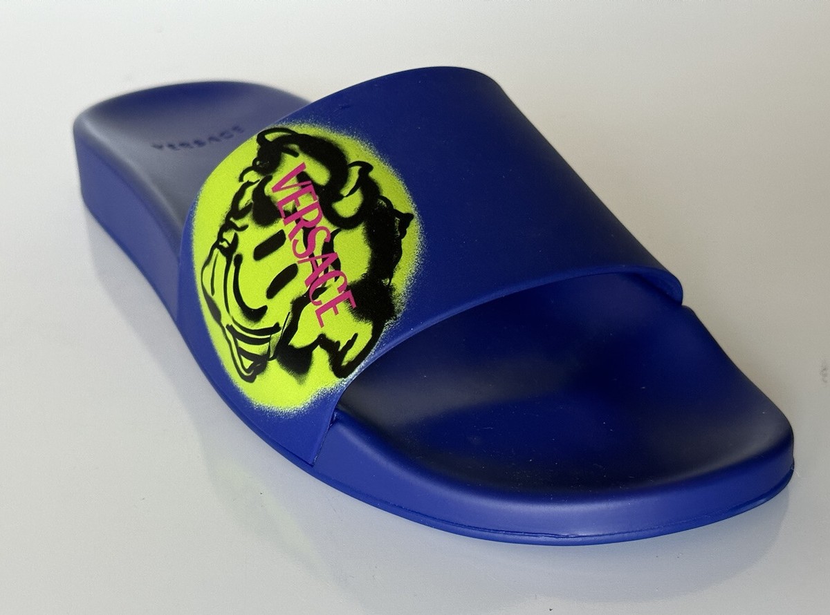 Versace Smiley Medusa Slides Sandals Blue/Lime 11 US (44 Eu