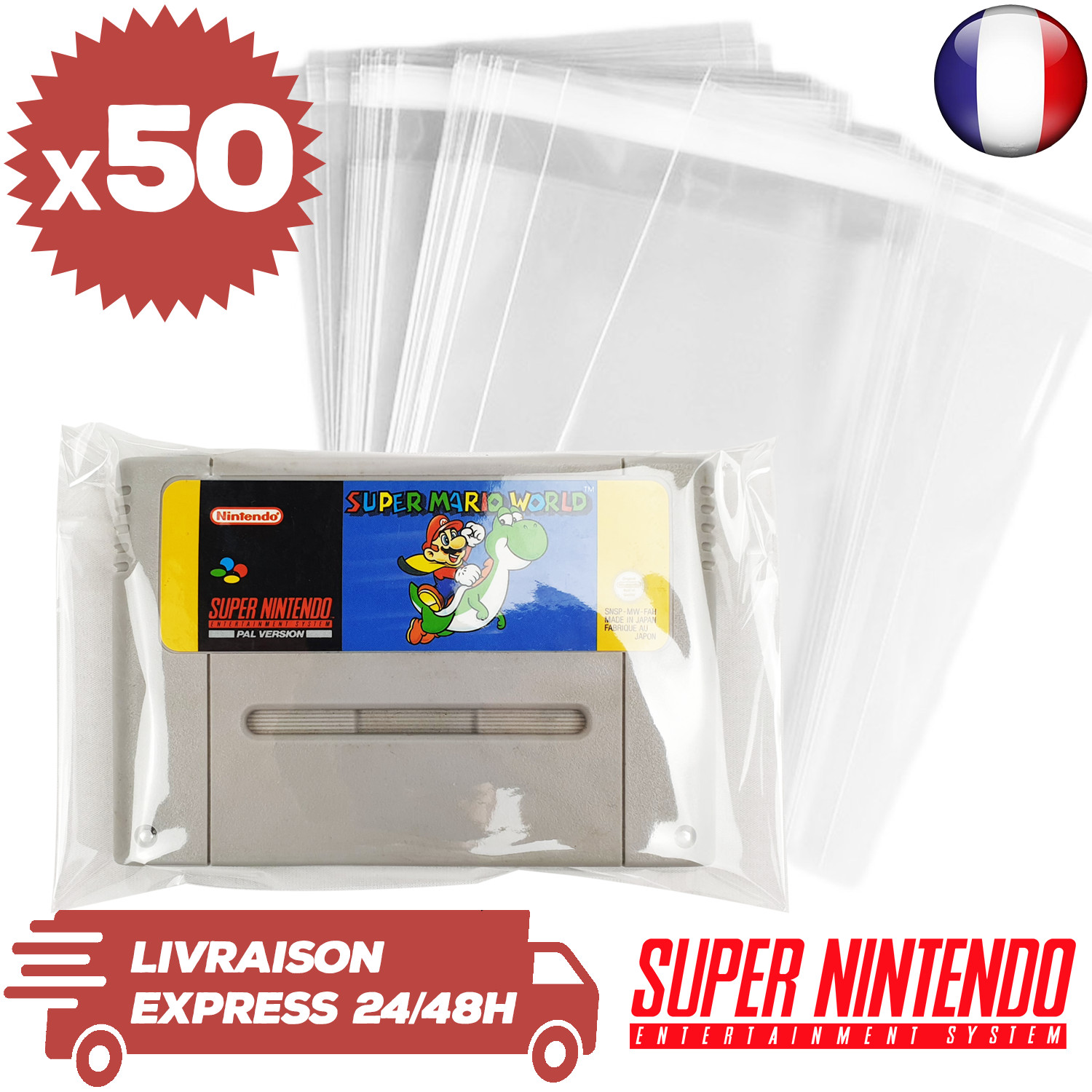 50 Protections Sachet Pochette Refermable Transparente Jeux Super Nintendo Loose