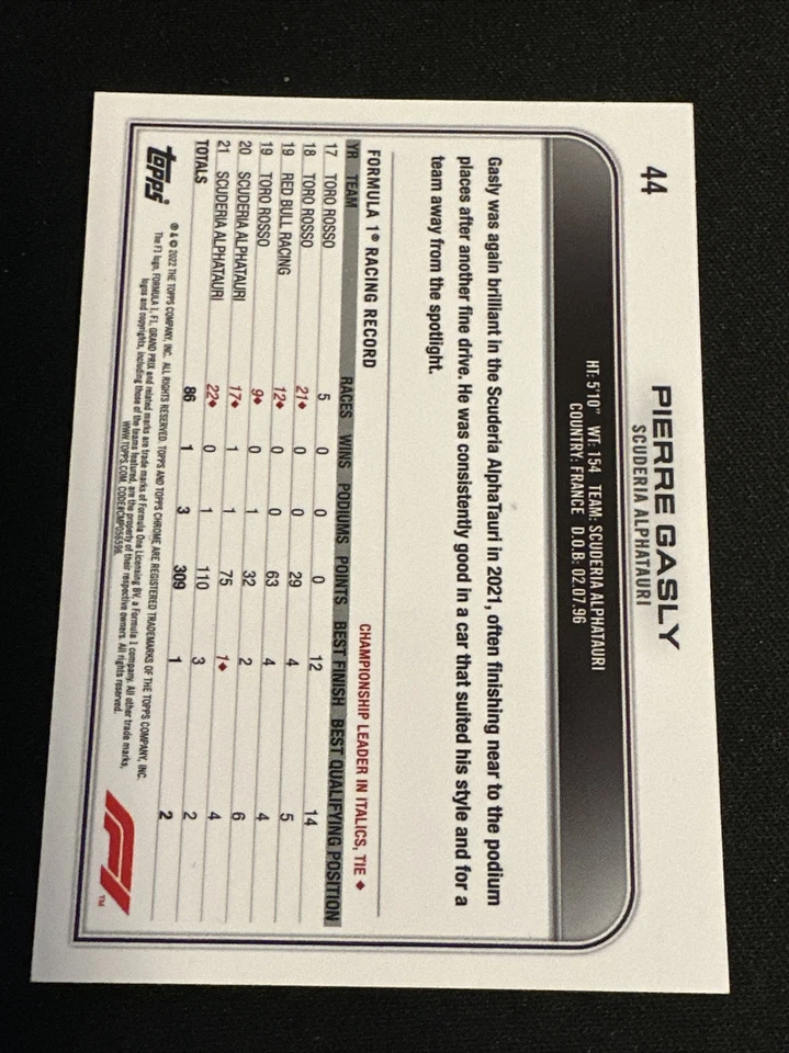 2022 Topps Chrome Formula 1 #44 Pierre Gasly - Image 2 of 2