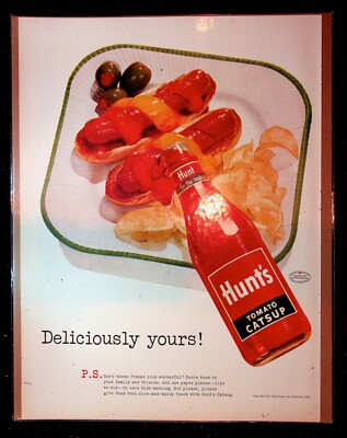1953 Hunt's Tomato Catsup Ketchup Hot Dog & Chips Art Vintage Print Ad