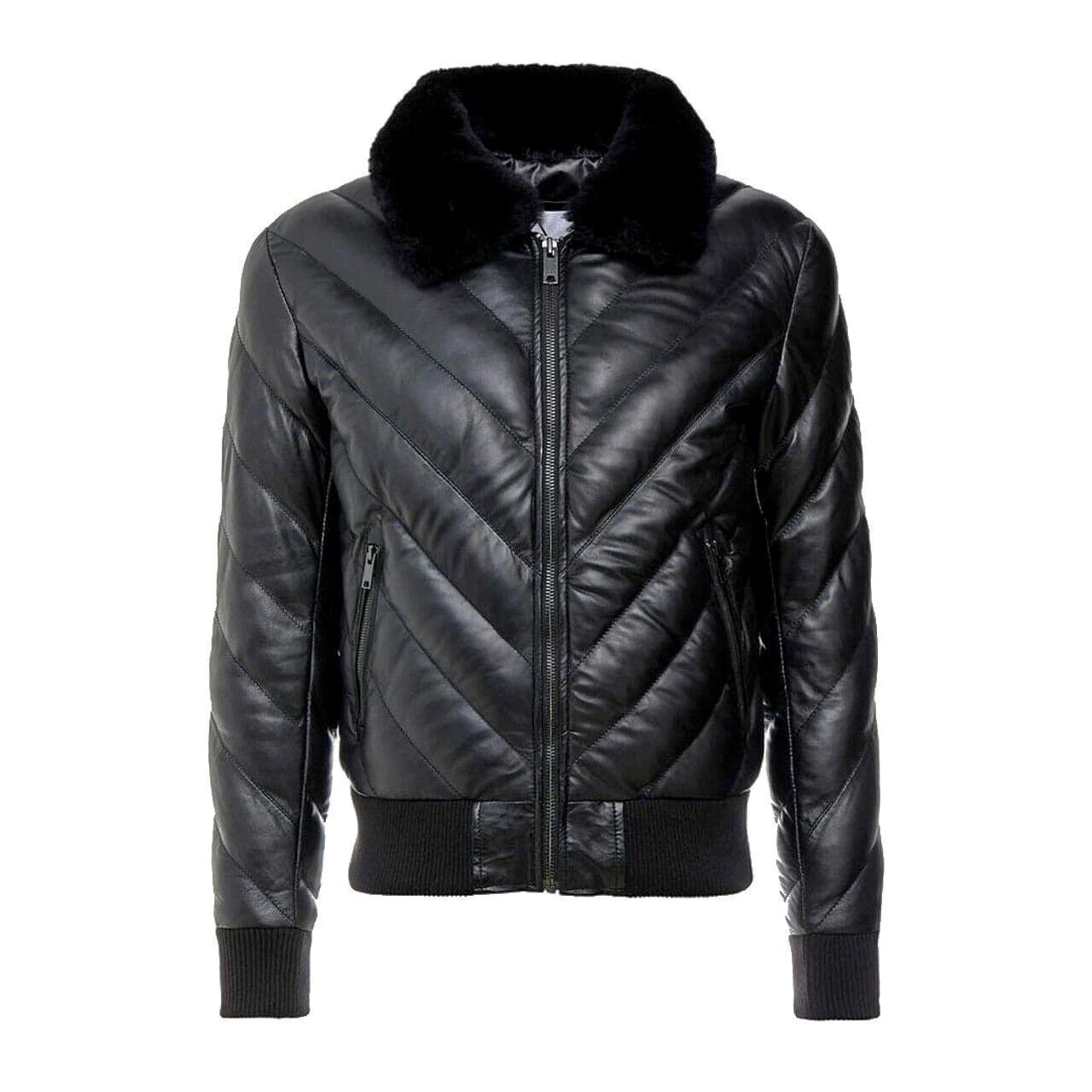 Men's Genuine Leather Black Lambskin Puffer Bomber Fur Collar Winter Jacket -100