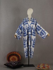 Uzbek ikat chapan,cotton kaftan cape,boho blue coat,ethnic abaya,cover kimono