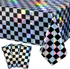 3Pack Black and Iridescent Checkered Plastic Tablecloth, Shiny Disposable Laser