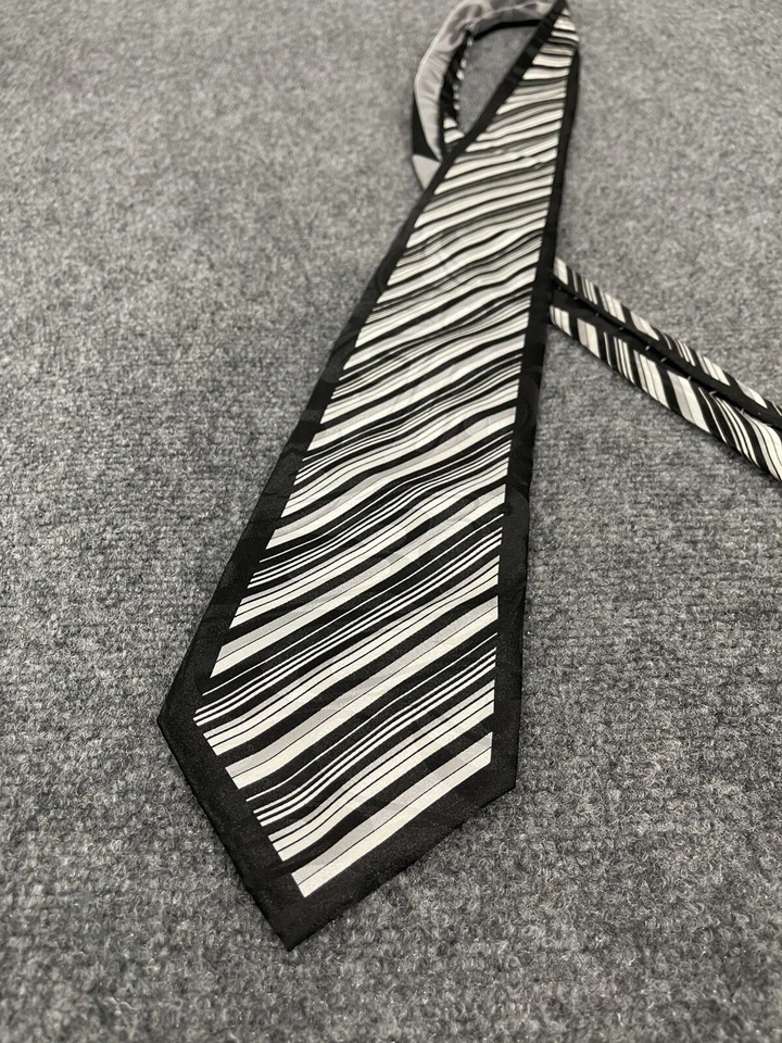  Clericci 意大利领带男式手工条纹白色黑色灰色领带 4x56 英寸 N48 — 第 2/4 张图片