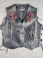 Leather King Fringed Motorcycle Vest, Ladies Size Medium Red Rose Inlay Biker