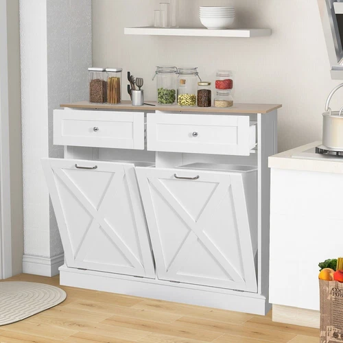 White Kitchen Trash Can Storage Cabinet Tilt Out Free Standing with Drawers