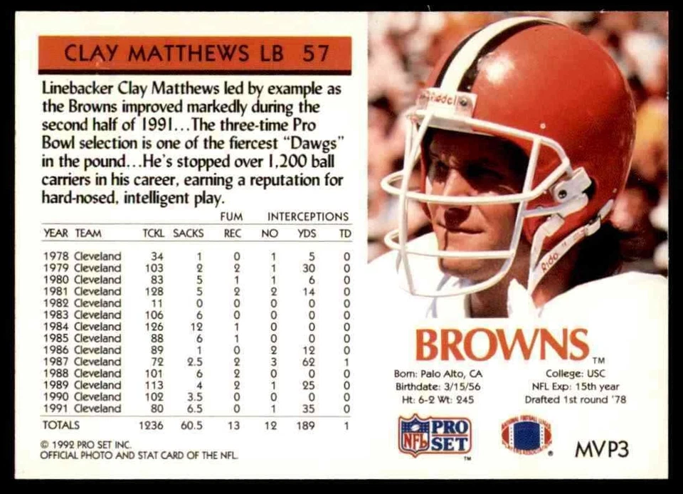 1992 GOLD MVP #3 Clay Matthews NICE INSERT Cleveland Browns / USC Trojans - Image 2 of 3