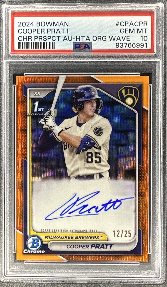 2024 Bowman Chrome Cooper Pratt 1st Orange Wave Refractor Auto /25 Brewers PSA10