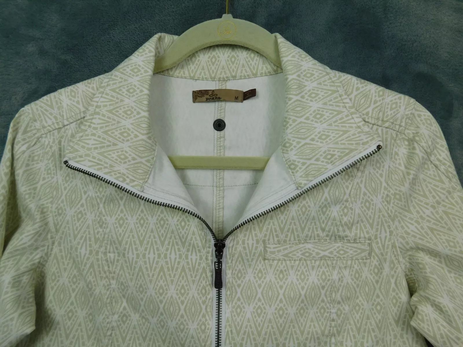 prana organic cotton zip up geometric print collared jacket