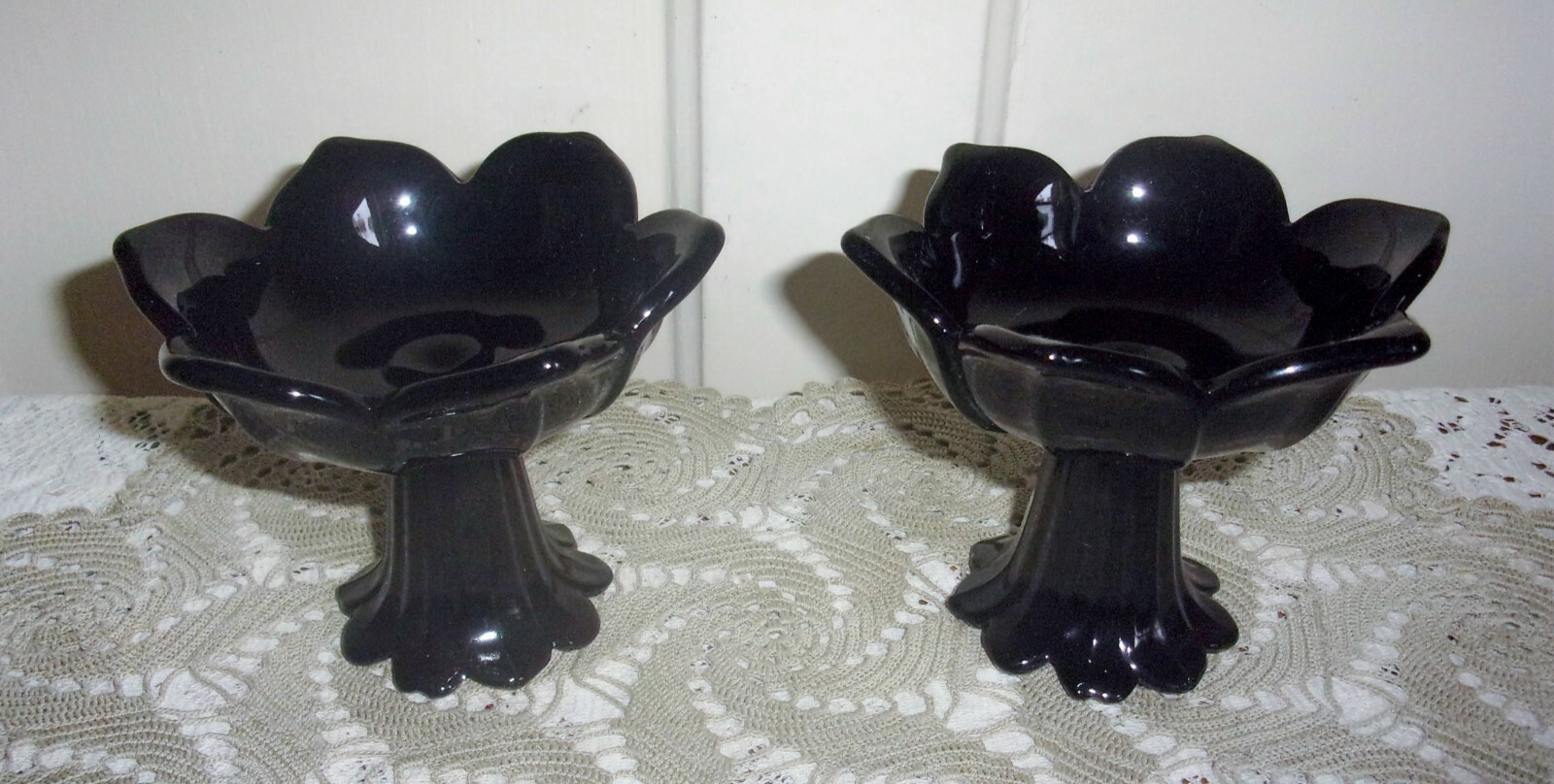 1940's Black Amethyst LOTUS Pattern 4 Inch Reversible Candlesticks