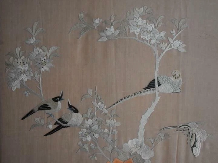 VICTORIANO BORDADO A MANO JAPONÉS ROSA SEDA FAISÁN PÁJARO MARIPOSA FLORAL Foto 4 de 4