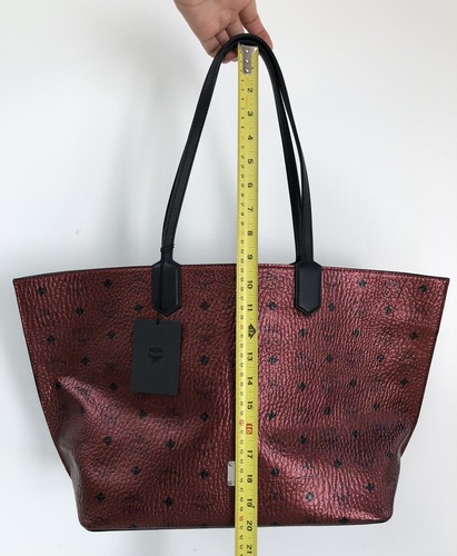 NWT MCM Medium Spot Visetos Metallic Coated Canvas Tote Shopper Scooter Red New - Picture 6 of 12